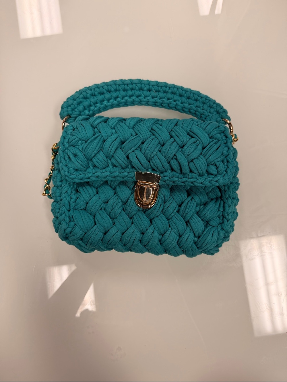 Handcrafted Teal Crochet Top-Handle Bag